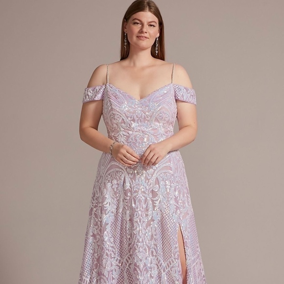 Jules and Cleo Off-The-Shoulder Purple Opal Patterned A-Line With Slit Sz 20 NWT